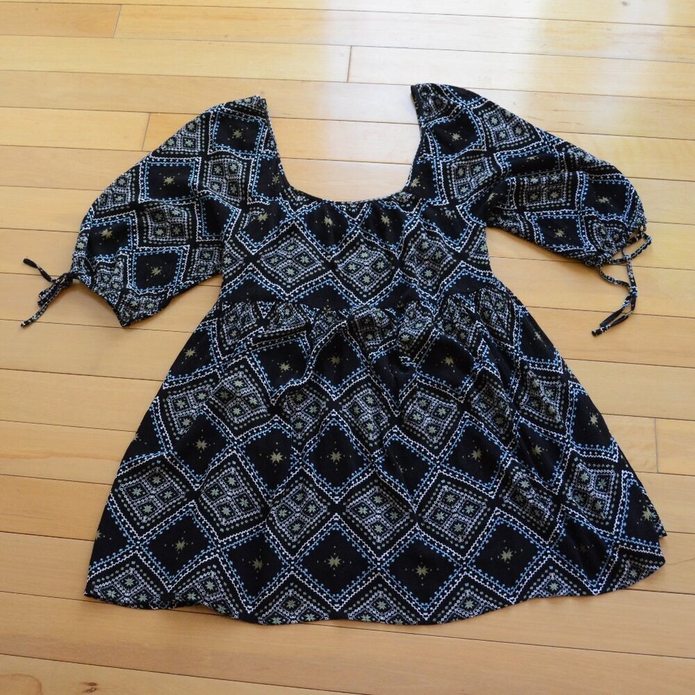 PRINCESS VERA WANG  boho peasant prairie top black print tunic 3/4 Puff Size M